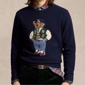 Polo by Ralph Lauren Navy Varsity Bear Intarsia Crewneck Sweater NWT XXL